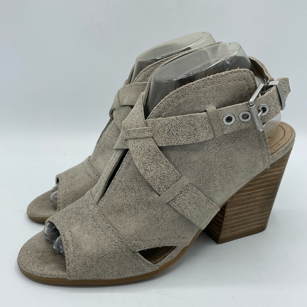Lucca Lane Analise Taupe Stacked Heel Open Toe Leather/Suede Sandals.